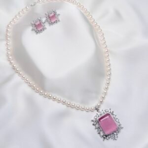 Ophelia Pearl Pendant Suite pink rectangular pendant with crystal-inspired halo and matching pearl necklace earrings