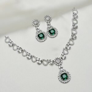 Teardrop Halo Necklace Set with green square centerpiece and matching crystal-inspired earrings