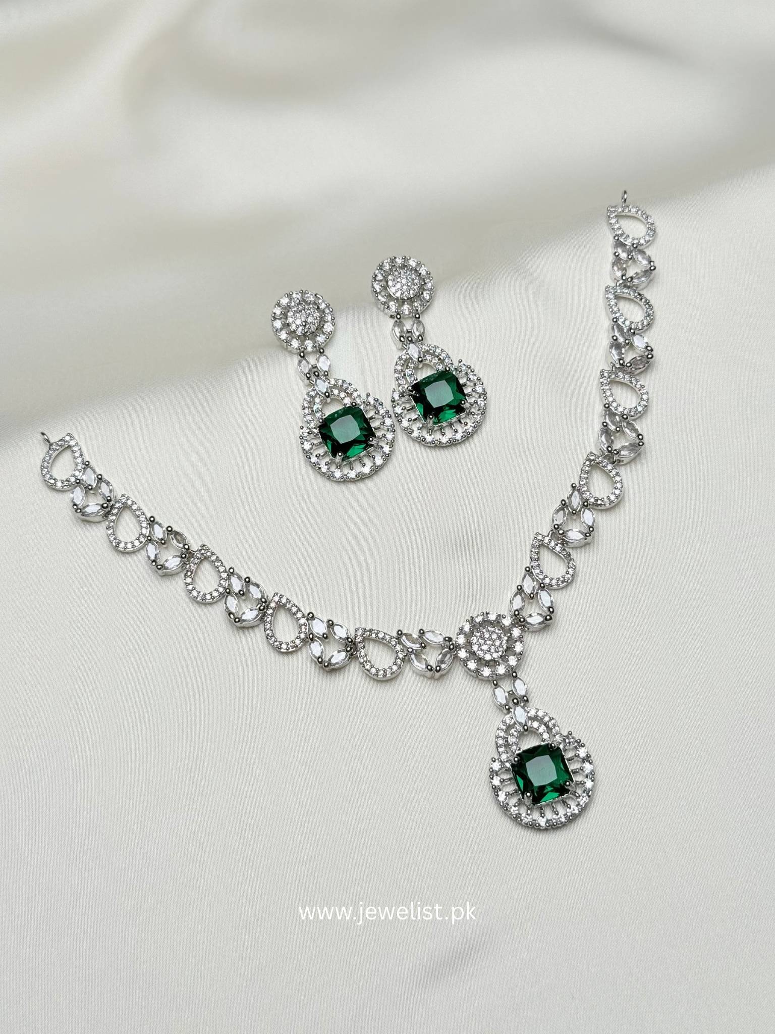 Teardrop Halo Necklace Set with green square centerpiece and matching crystal-inspired earrings