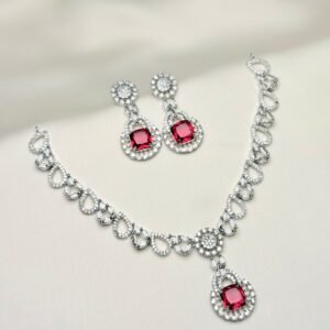 Solaria Halo Set with red square centerpiece and matching statement drop earrings