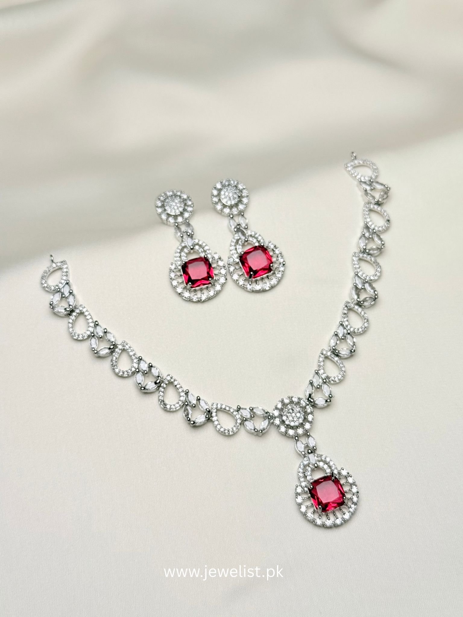 Solaria Halo Set with red square centerpiece and matching statement drop earrings
