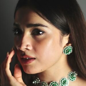 Floral Rosette Choker Set green crystal-inspired flower necklace and matching statement earring