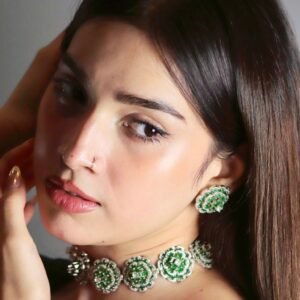 Floral Rosette Choker Set in green with matching flower earrings worn on mode