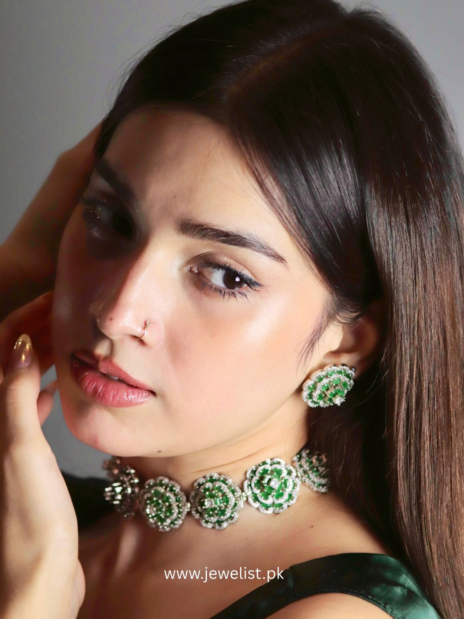 Floral Rosette Choker Set in green with matching flower earrings worn on mode