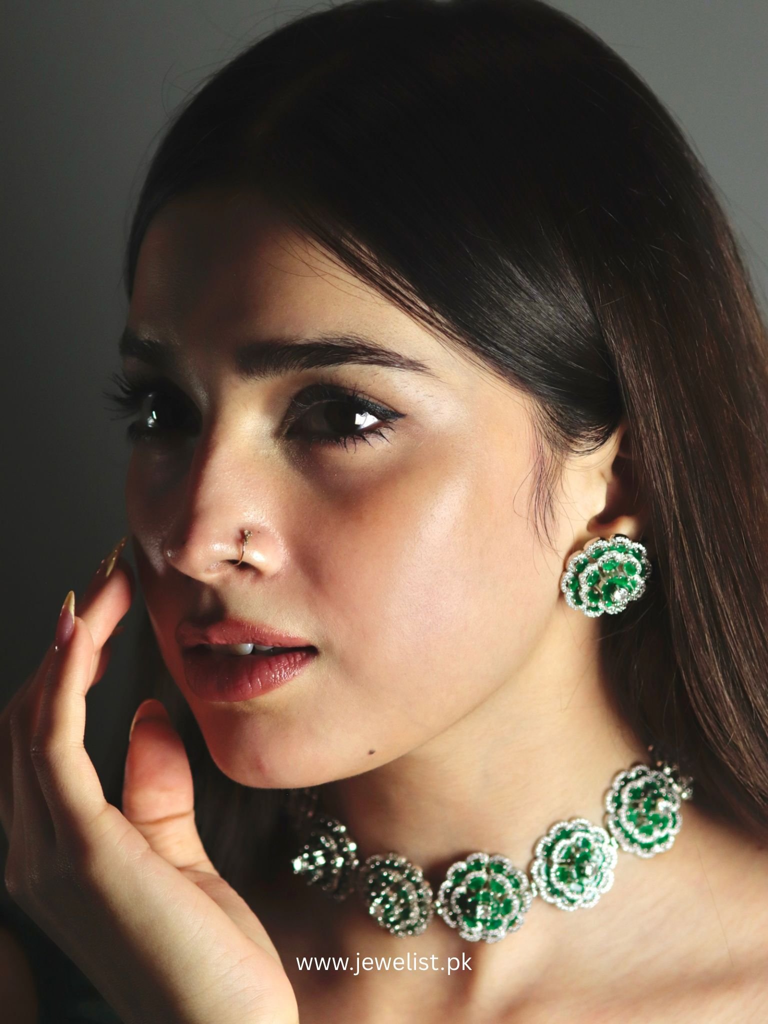 Floral Rosette Choker Set green crystal-inspired flower necklace and matching statement earring