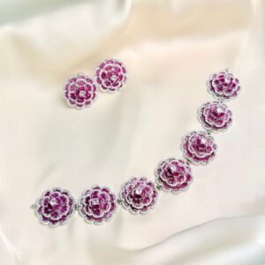 Floral Rosette Choker Set pink statement flower necklace with matching rosette earrings by Jewelist