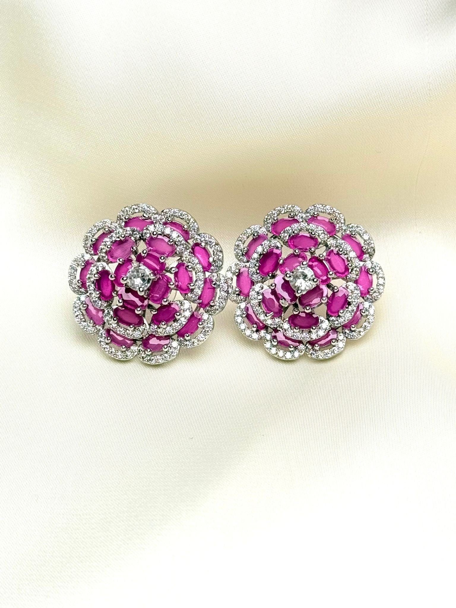 Floral Rosette Choker Set matching pink flower earrings with layered crystal-inspired detailing
