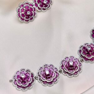 Floral Rosette Choker Set pink layered flower motifs with matching earrings and crystal-inspired accents
