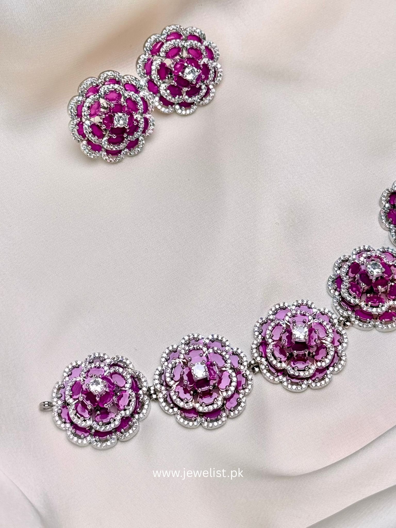 Floral Rosette Choker Set pink layered flower motifs with matching earrings and crystal-inspired accents