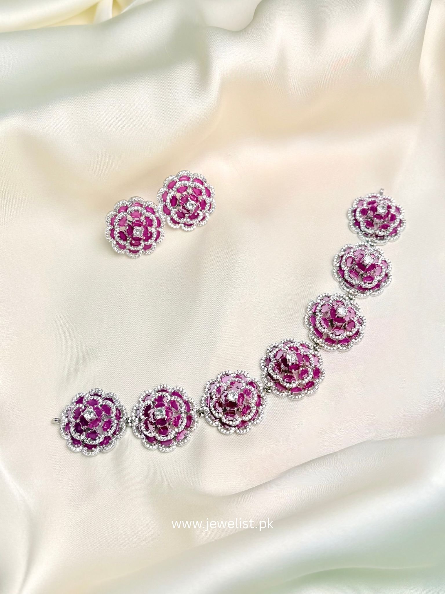 Floral Rosette Choker Set pink statement flower necklace with matching rosette earrings by Jewelist