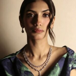 Silver Tone Teardrop Necklace Set clear variation worn with matching teardrop earrings