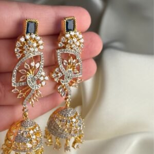 Crystal Breeze Jhumkas gold-tone statement earrings with dark rectangular top accents, leaf motifs and sparkling domes