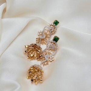 Crystal Breeze Jhumkas showing green rectangular accents, decorative openwork and reverse view of gold-tone jhumka domes