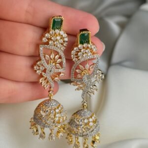 Crystal Breeze Jhumkas with green rectangular top accents, sparkling floral clusters and gold-tone hanging dome earrings