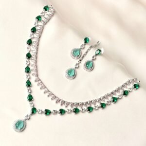 Silver Tone Teardrop Necklace Set with green teardrop accents, matching earrings and teeka