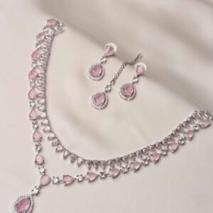 Silver Tone Teardrop Necklace Set with soft pink teardrop accents, earrings and teeka