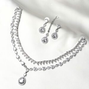 Silver Tone Teardrop Necklace Set clear stone variation with matching drop earrings and teeka