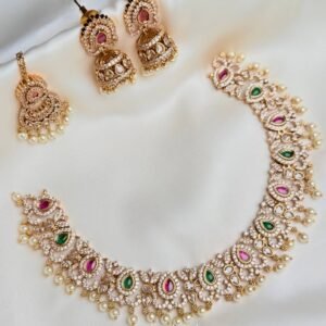 Kalka Heer Moti Set detailed necklace view with pink green teardrops and pearl-like fringe