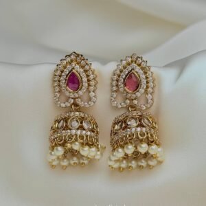 Kalka Moti Choker Set jhumka earrings with pink teardrop accents and pearl-like drops