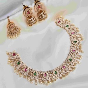 Kalka Moti Choker Set with pink green accents, jhumka earrings and teeka