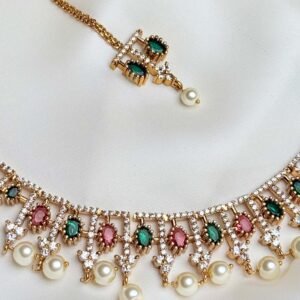 Mehr Moti Choker Set close-up with alternating pink green accents and pearl-like fringe