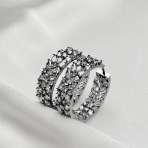 Crystal Bloom Hoops upright silver-tone statement earrings with marquise-shaped clear accents and decorative curved hoop design