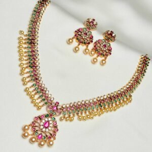 Sultana Multi stone moti set full necklace with multicolor teardrop details and pearl-like fringe