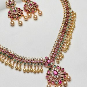 Sultana Multi stone moti set with pink green accents, pearl-like drops and matching earrings
