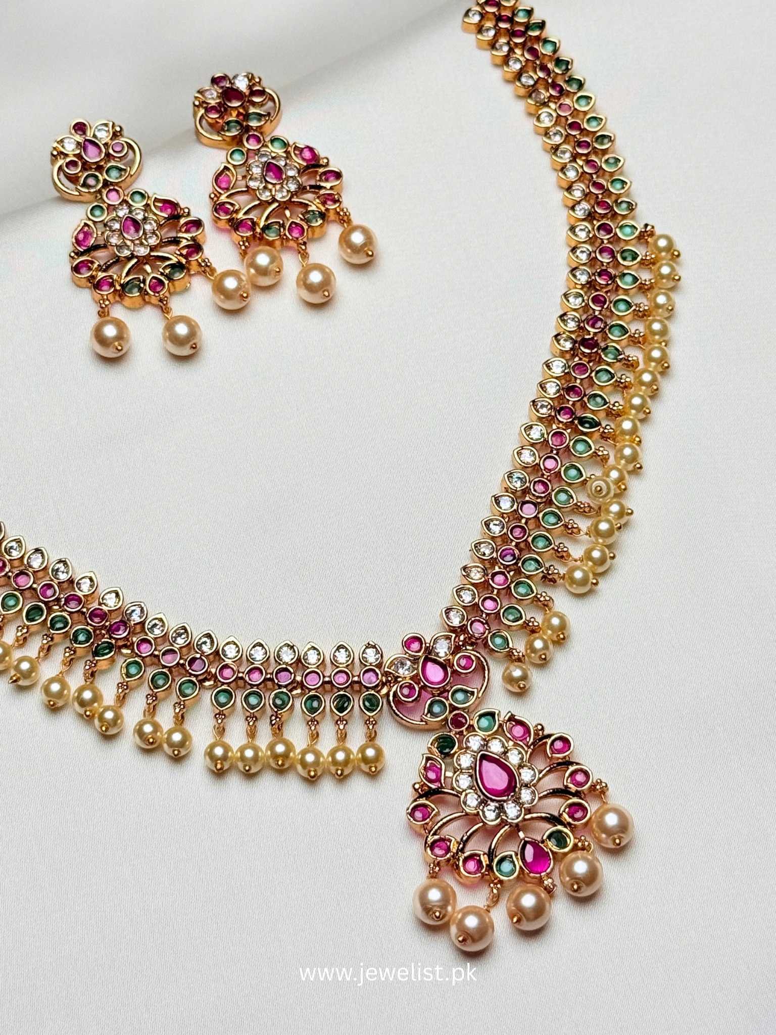 Sultana Multi stone moti set with pink green accents, pearl-like drops and matching earrings