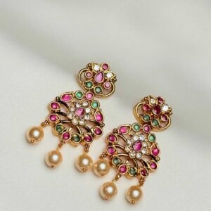Sultana Multi stone moti set matching earrings with pink green accents and pearl-like drops