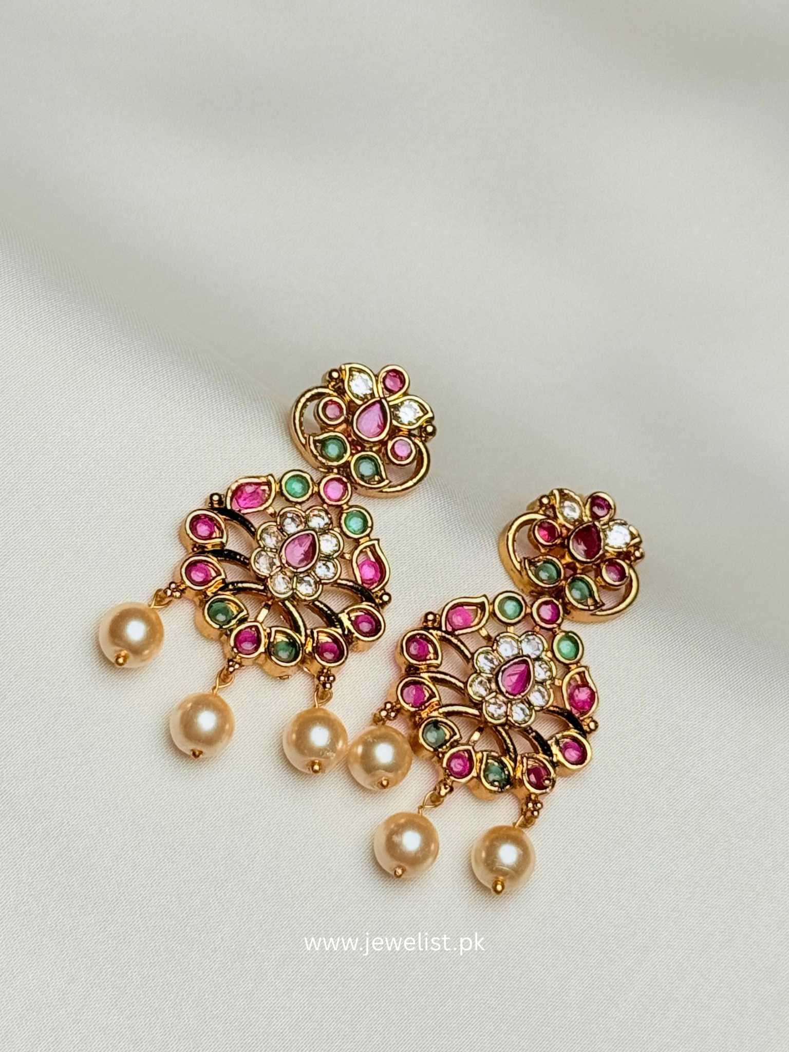 Sultana Multi stone moti set matching earrings with pink green accents and pearl-like drops