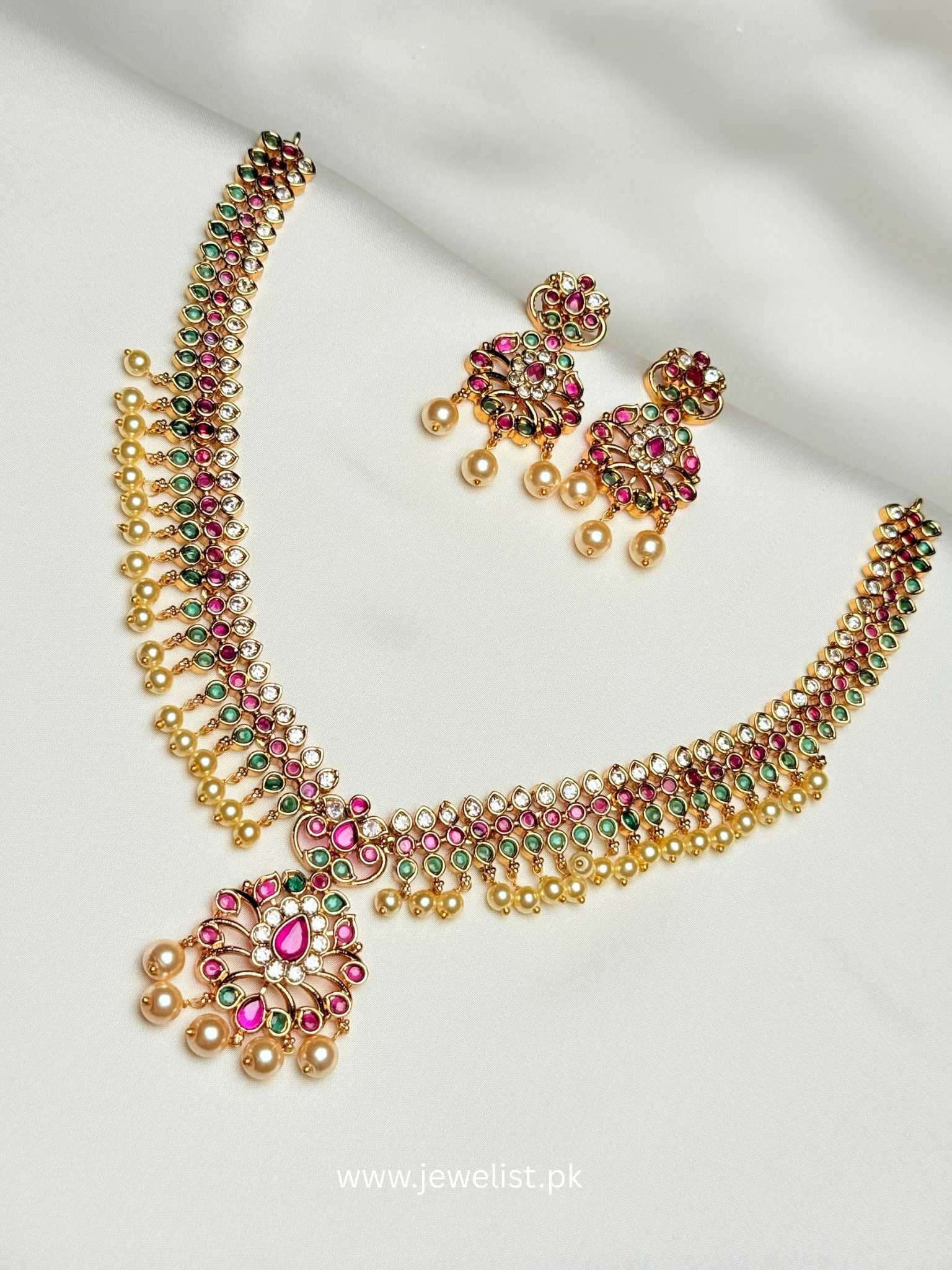 Sultana Multi stone moti set full necklace with multicolor teardrop details and pearl-like fringe